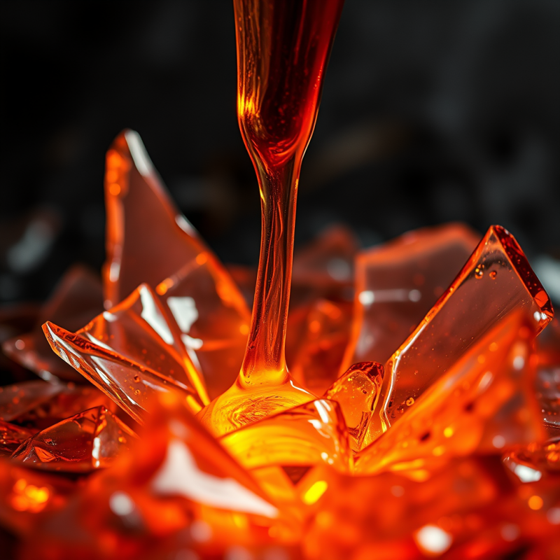 Close-up Of Molten Copper Dripping Through Shattered Glas...