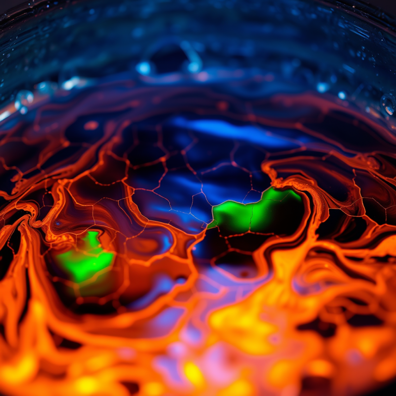 Close-up of Molten Copper Swirling Into Liquid Glass Unde...