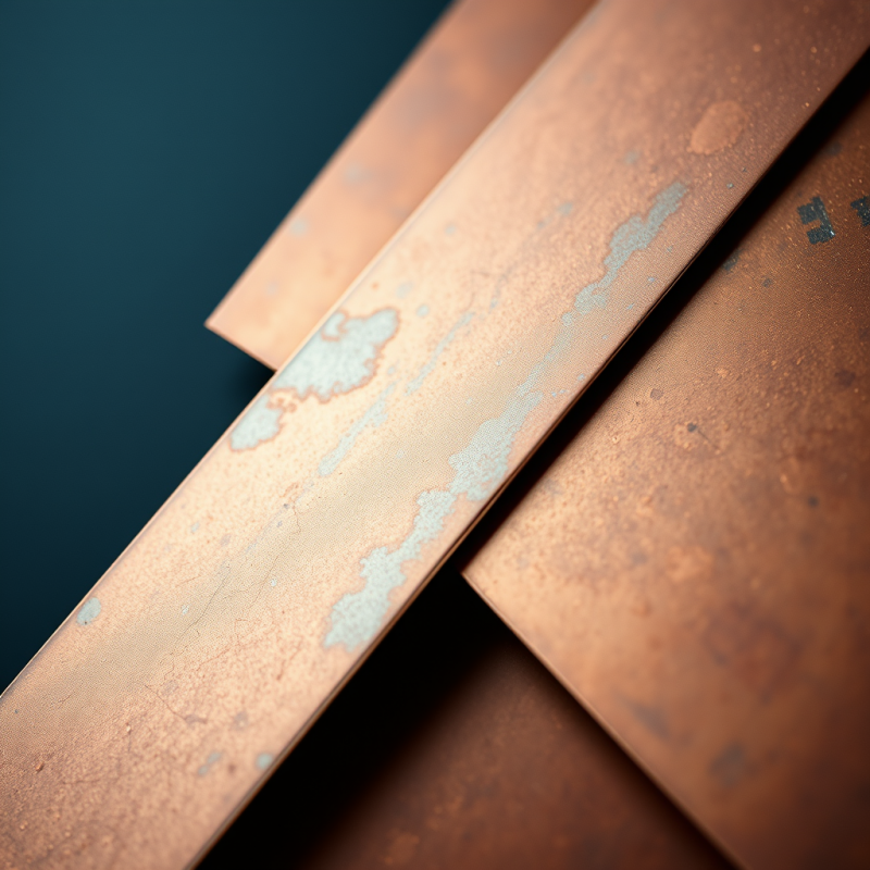 Close-up of Oxidized Copper Sheets Layered at Uneven Angl...