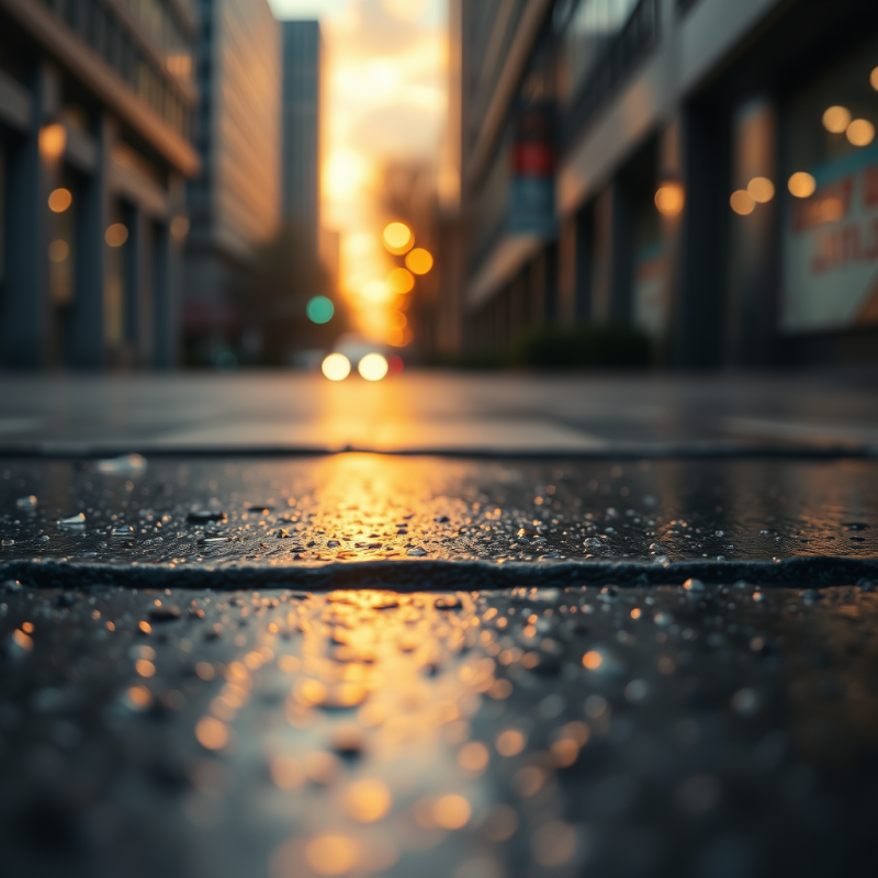 Close-up of Rain-slicked Urban Concrete at Golden Hour
