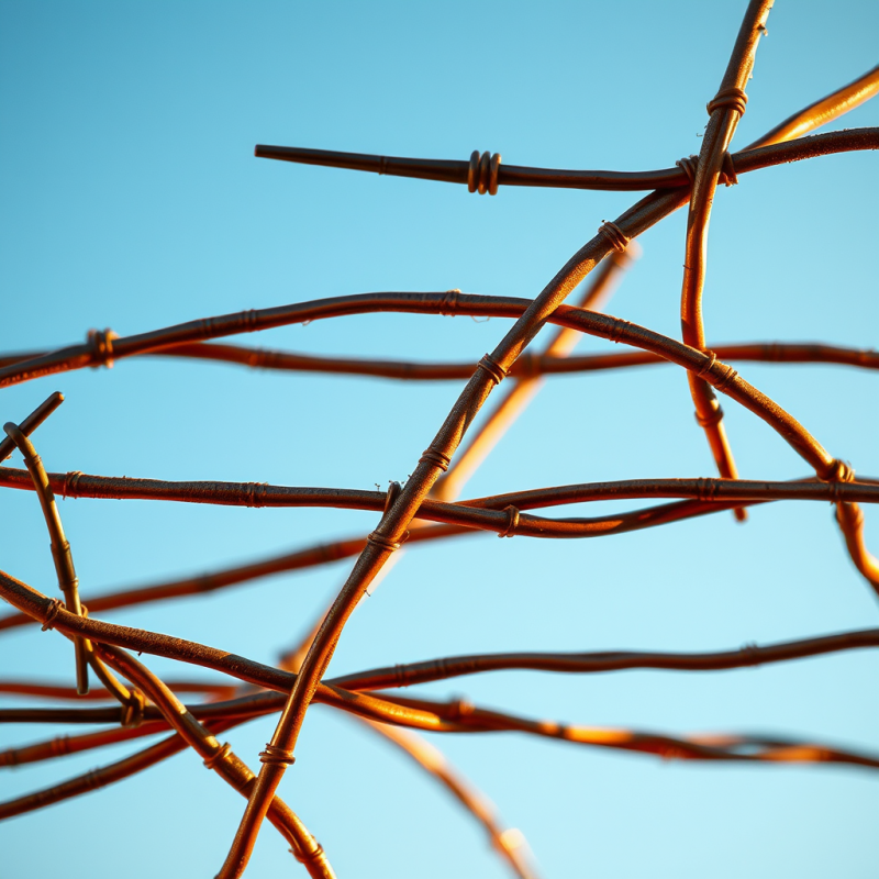 Close-up of Rusted Barbed Wire Bathed in Golden