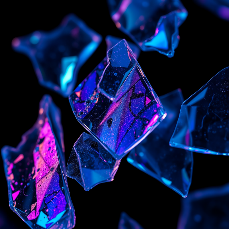 Close-up of Shattered Dichroic Glass Shards Under Uv Light
