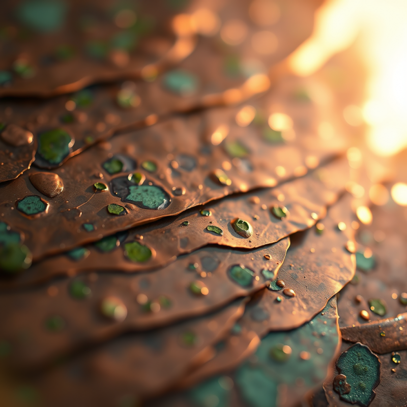 Close-up of Textured Copper Leaves with Green Patina
