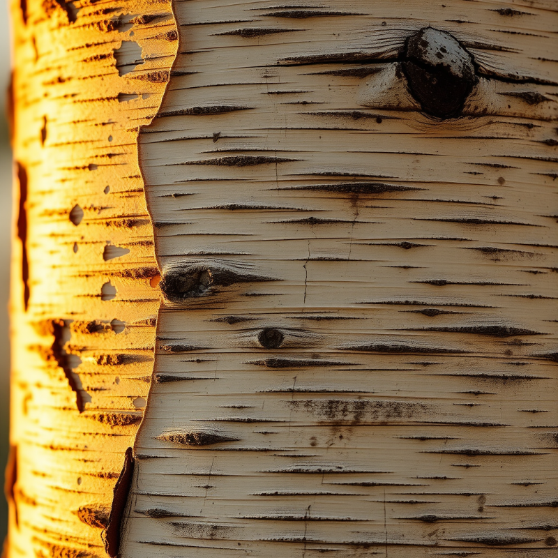 Close-up Of Vertically Split Birch Bark Under Soft Golden...