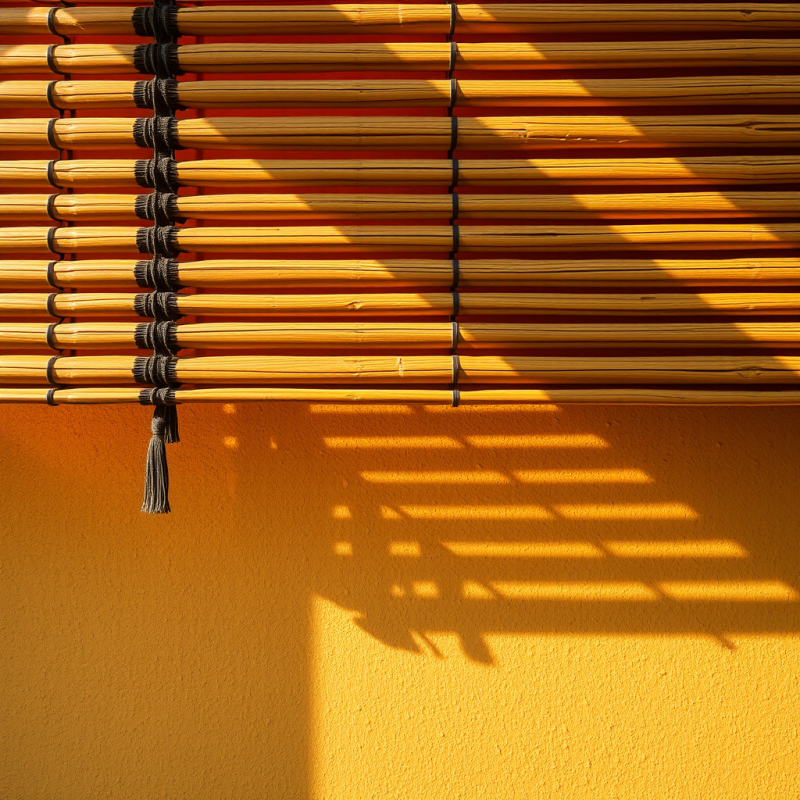 Close-up of Weathered Bamboo Blinds Casting Soft Diagonal...