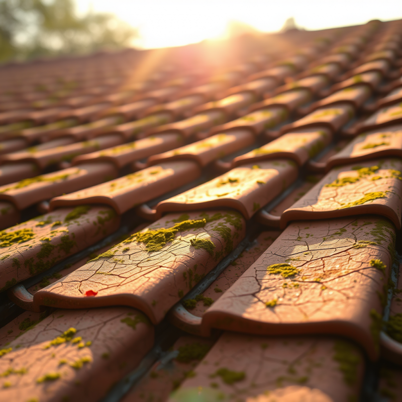 Close-up of Weathered Terracotta Roof Tiles Under Golde...
