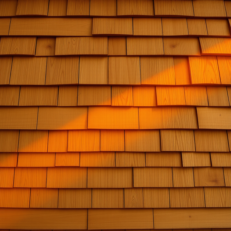 Close-up of Wooden Shingles Glowing with Warm, Golden