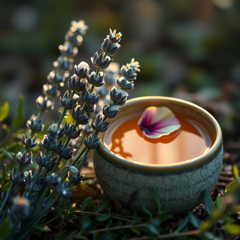 Close-up Shot of Dew-covered Lavender Sprigs Gently Glo...