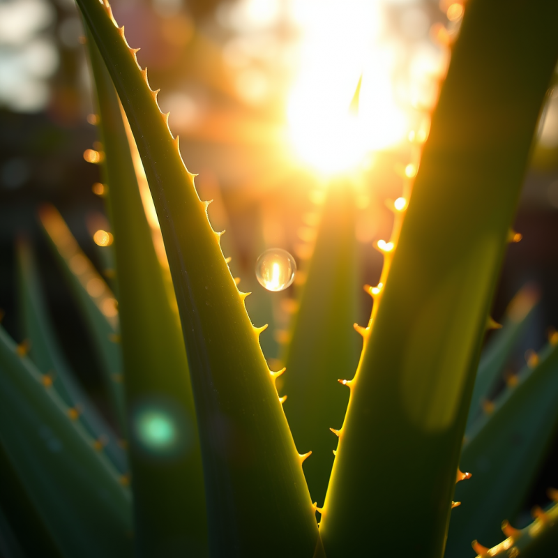 Close-up Shot of Dew-kissed Aloe Vera Leaves Glowing Un...
