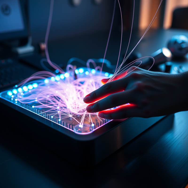 Close-up Shot of Hands Weaving Fiber-optic Strands Like...