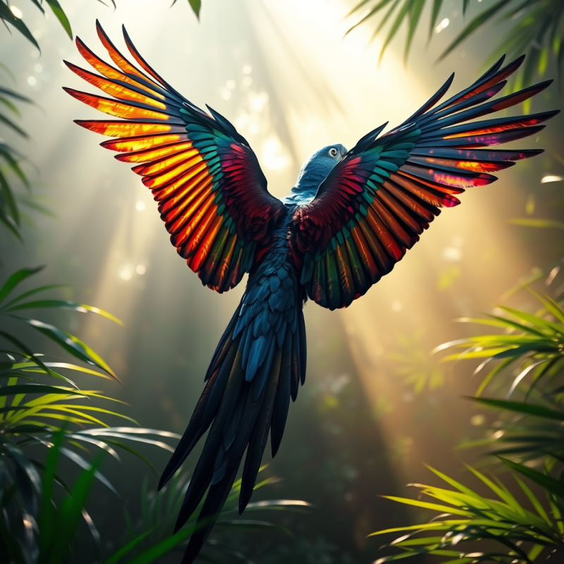 Cobalt-blue Macaw Mid-flight Through a Misty Jungle Canopy