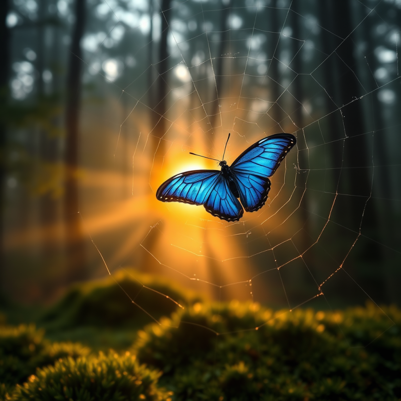 Cobalt-blue Morpho Butterfly Rests Motionless on a Dew-...