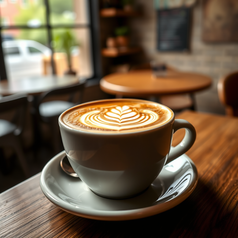 Coffee Latte Art in Ceramic Cup Cozy Cafe Atmosphere