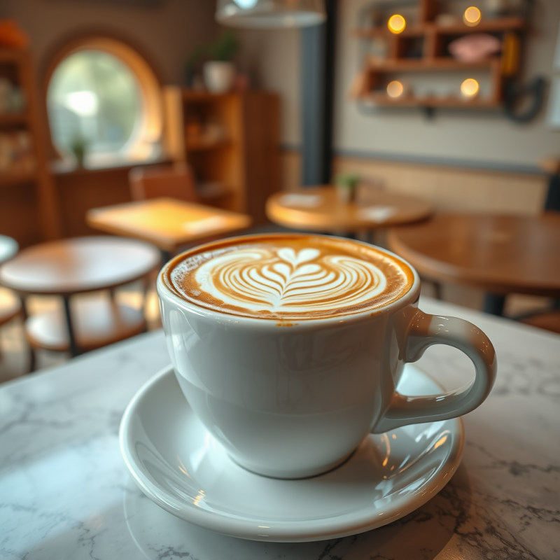 Coffee Latte Art in Ceramic Cup Cozy Cafe Atmosphere