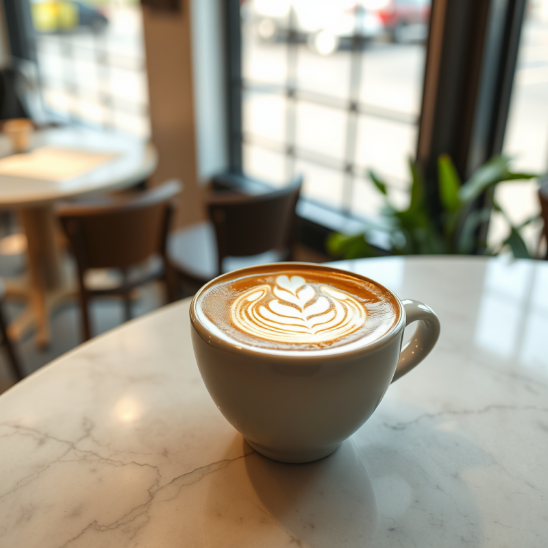 Coffee Latte Art in Ceramic Cup Cozy Cafe Atmosphere