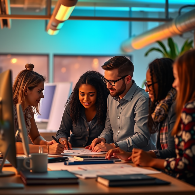 Collaborative Workspace with Diverse Colleagues Reviewing...