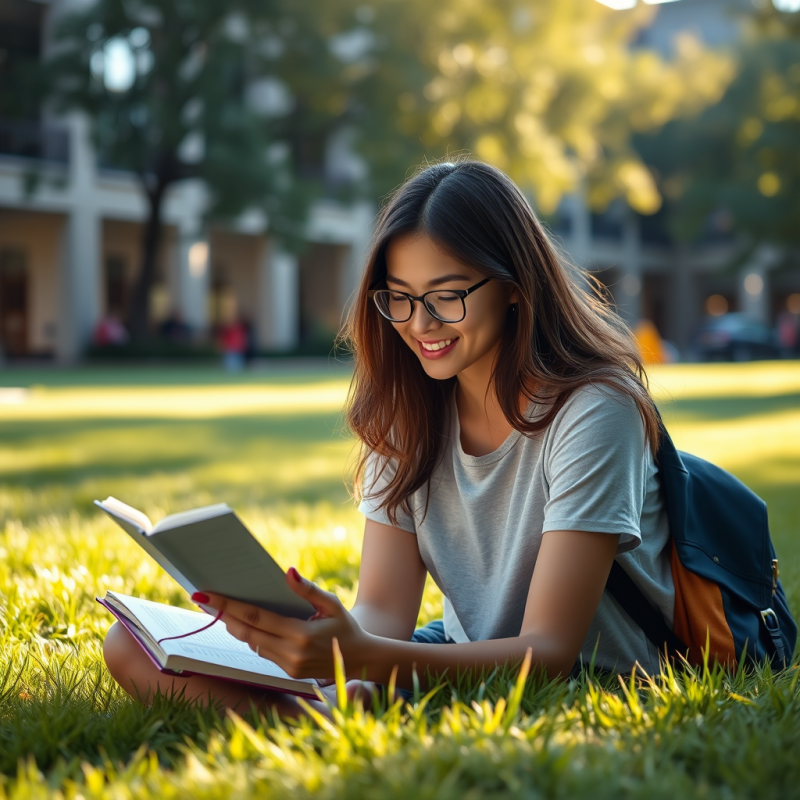 College Student in Campus Quad Studying on Grass