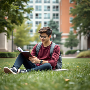 College Student In Campus Quad Studying On Grass