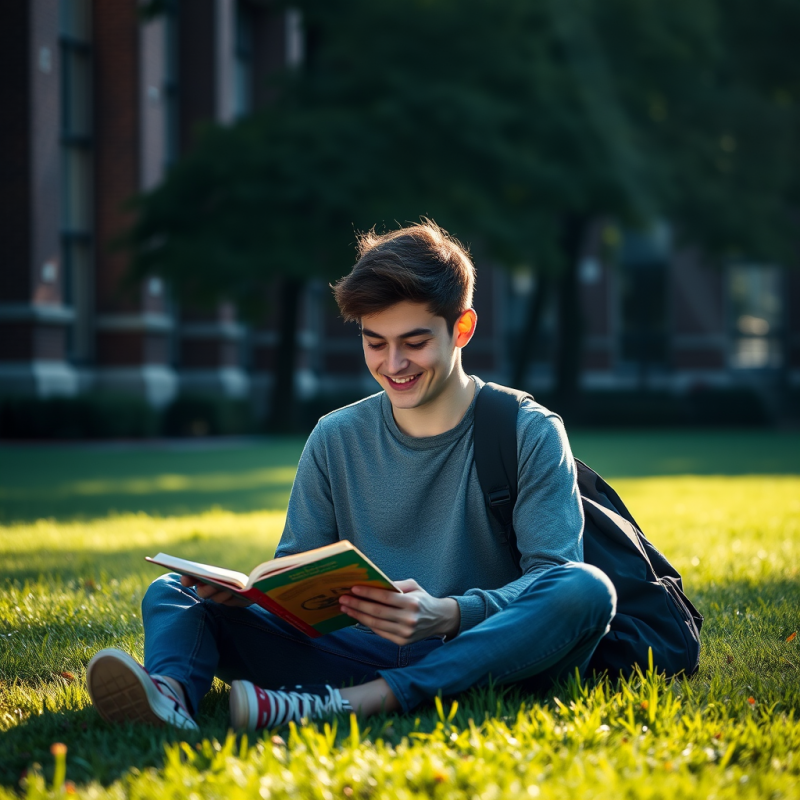 College Student in Campus Quad Studying on Grass