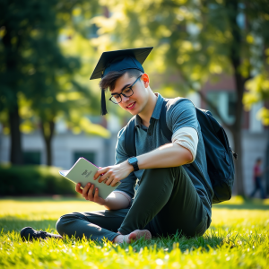 College Student In Campus Quad Studying On Grass