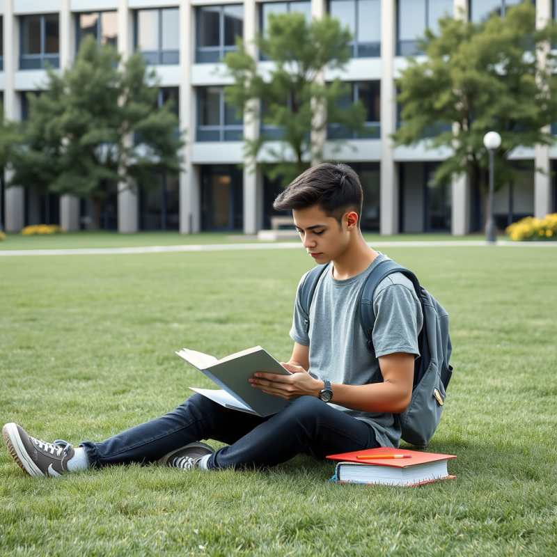 College Student in Campus Quad Studying on Grass