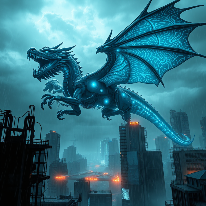 Colossal Biomechanical Dragon with Glowing Neon-blue Ve...