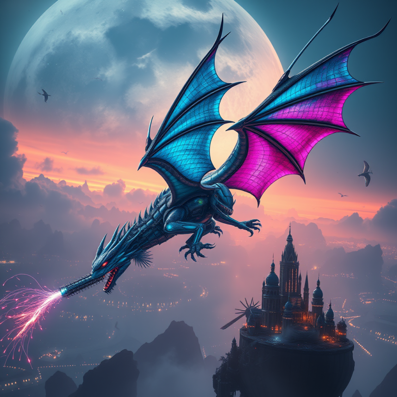 Colossal Biomechanical Dragon with Iridescent Cyan and ...