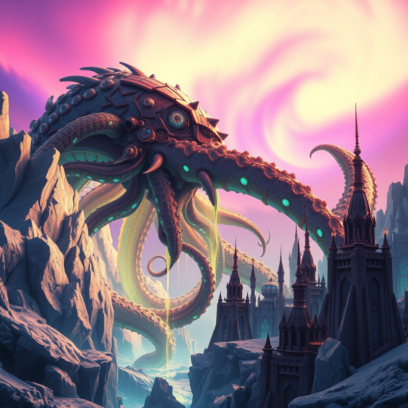 Colossal, Biomechanical Octopus with Glowing Eyes