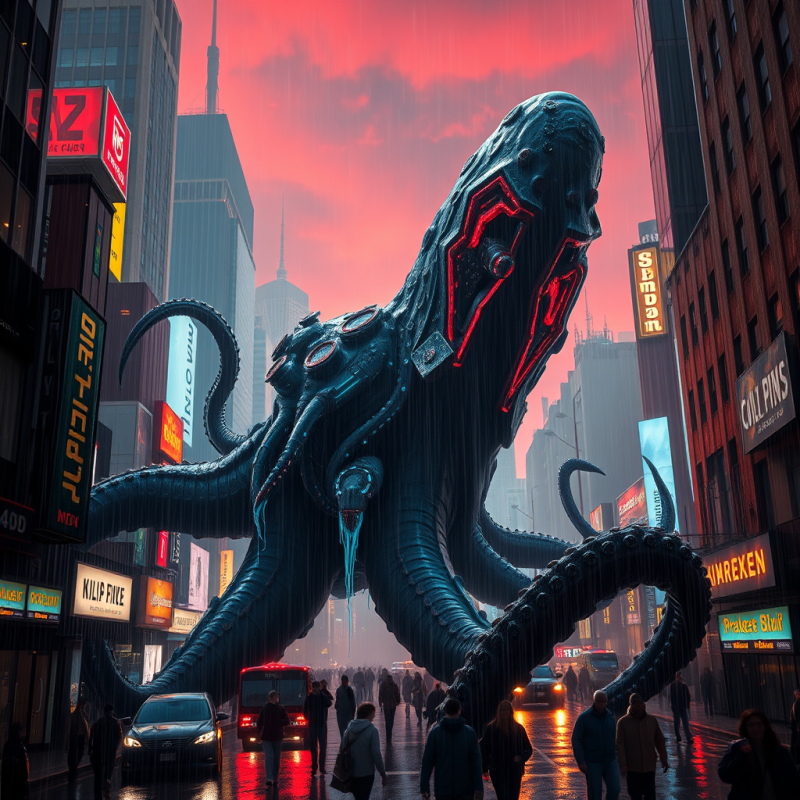 Colossal, Biomechanical Octopus with Glowing Red