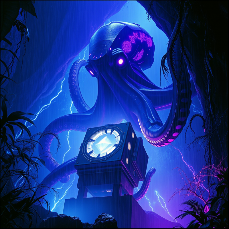 Colossal Biomechanical Octopus with Glowing Violet Vein...