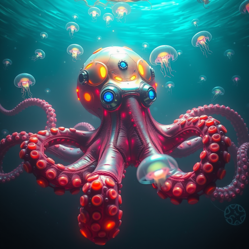 Colossal Biomechanical Octopus with Iridescent