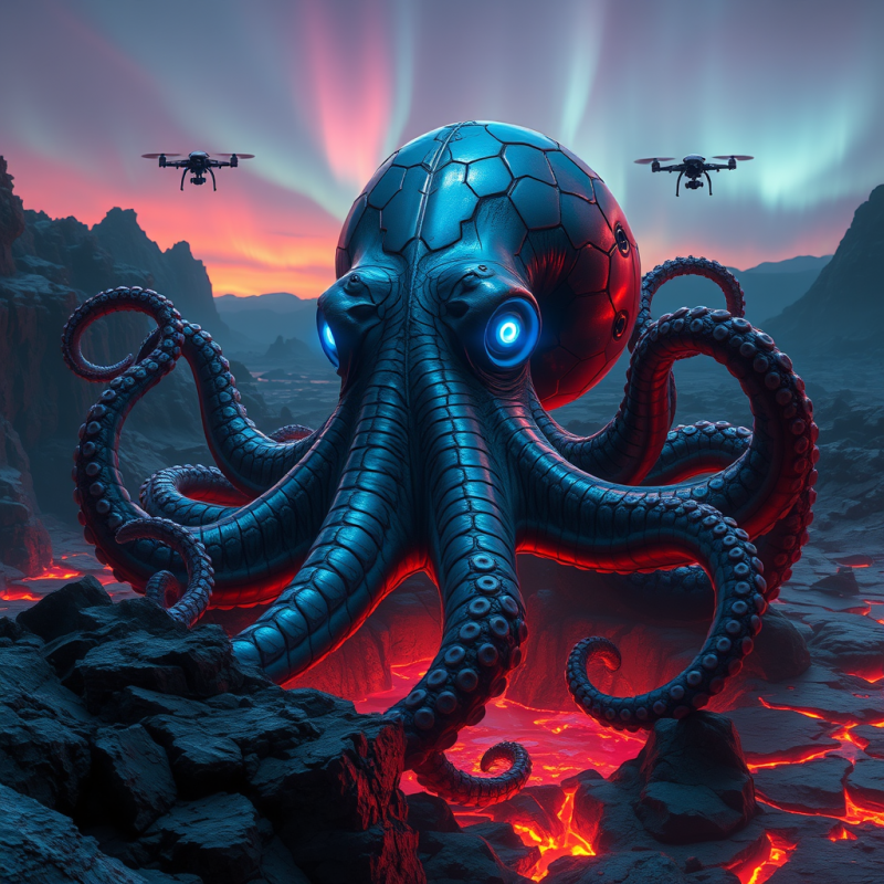 Colossal Biomechanical Octopus with Iridescent