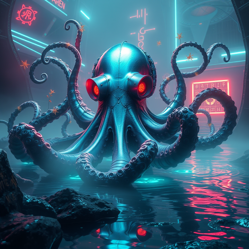 Colossal Biomechanical Octopus with Iridescent Blue-met...