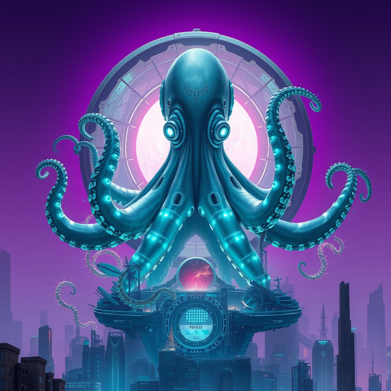 Colossal Biomechanical Octopus with Iridescent Silver A...