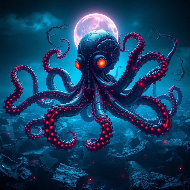 Colossal Biomechanical Octopus with Pulsating Crimson B...