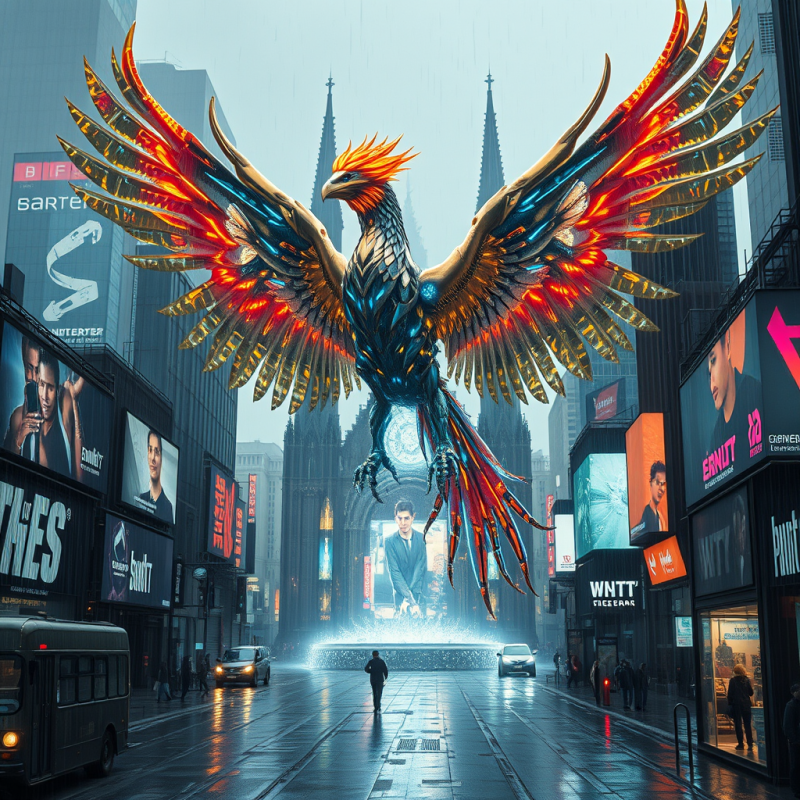 Colossal Biomechanical Phoenix Made of Glowing Brass An...