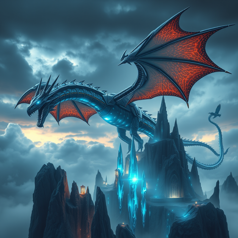 Colossal Cybernetic Dragon with Chrome-scaled Wings And...