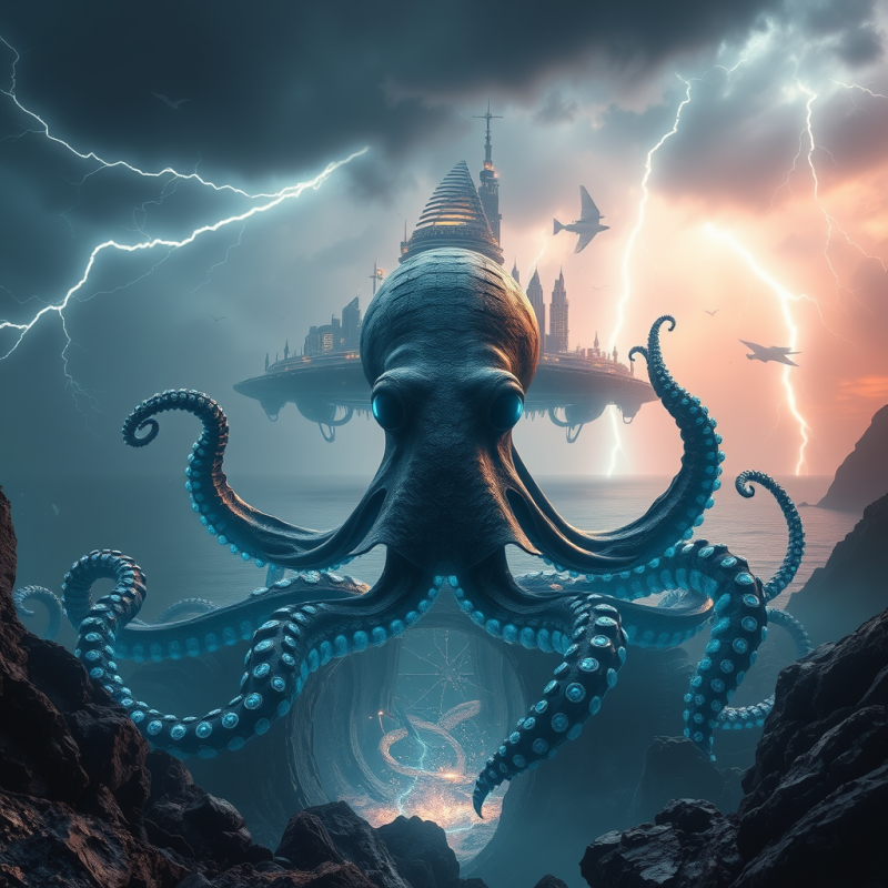 Colossal, Glowing Octopus Emerges from a Rocky Cave