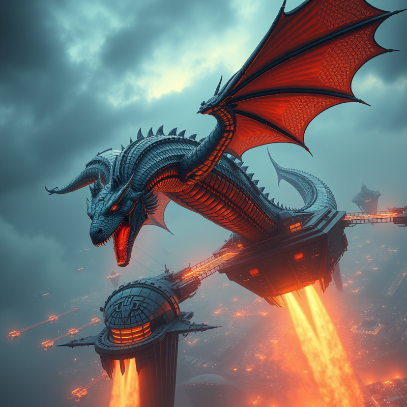 Colossal Metallic Dragon with Glowing Red Wings