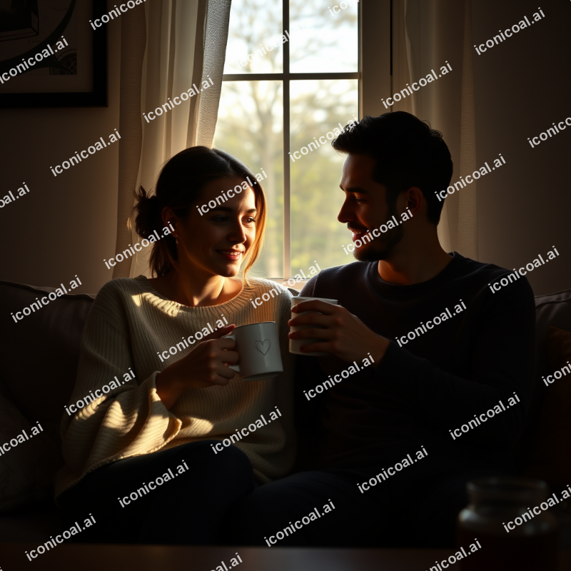 Couple Enjoying Morning Coffee Together Cozy Home Moment
