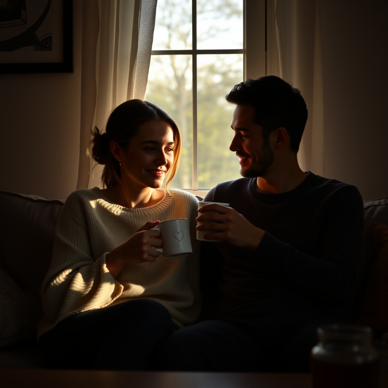Couple Enjoying Morning Coffee Together Cozy Home Moment