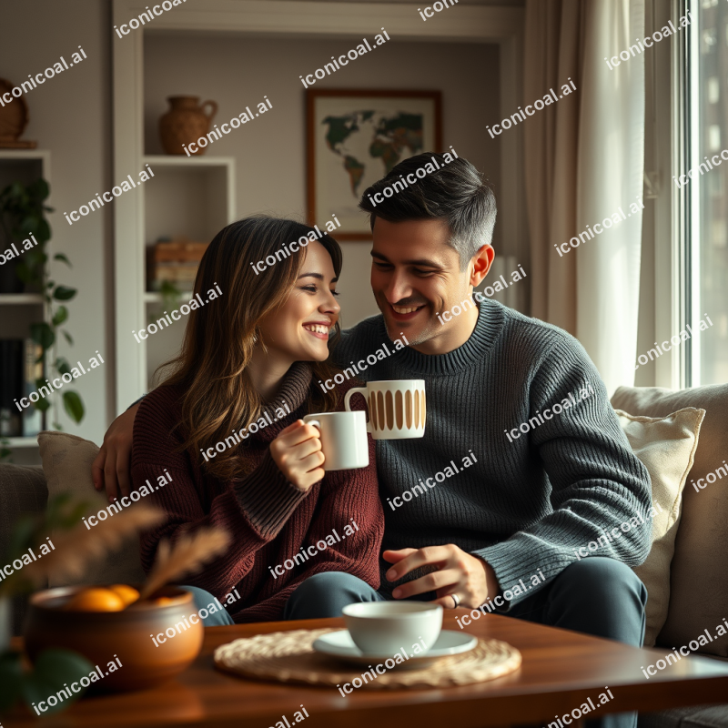 Couple Enjoying Morning Coffee Together Cozy Home Moment