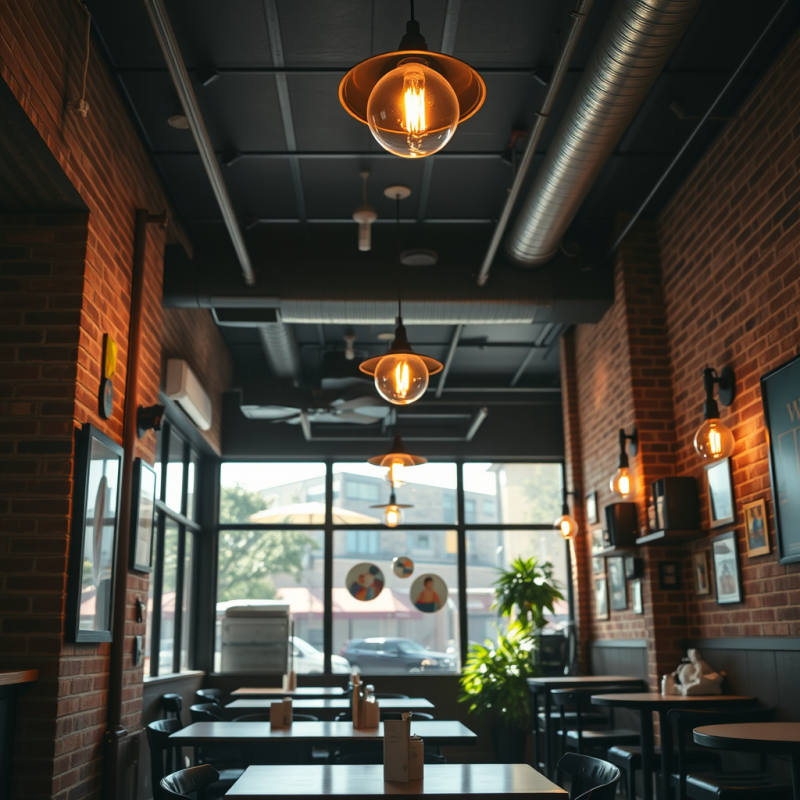 Cozy Cafe Interior with Exposed Brick and Warm Edison Lig...