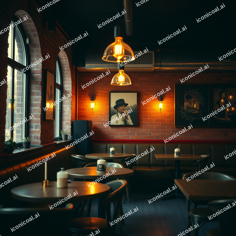 Cozy Cafe Interior With Exposed Brick And Warm Edison Lig...