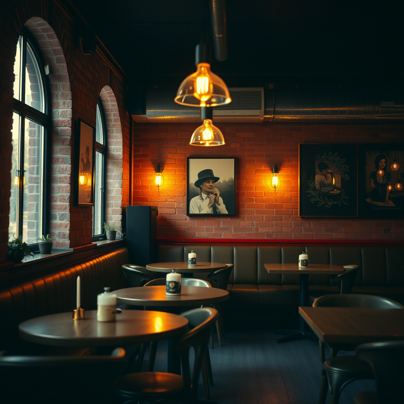 Cozy Cafe Interior with Exposed Brick and Warm Edison Lig...