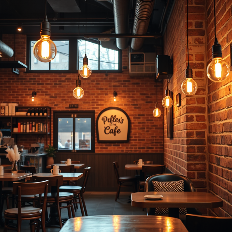 Cozy Cafe Interior with Exposed Brick and Warm Edison Lig...