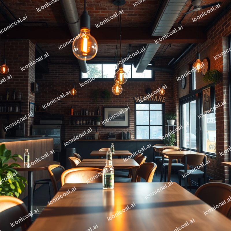 Cozy Cafe Interior With Exposed Brick And Warm Edison Lig...