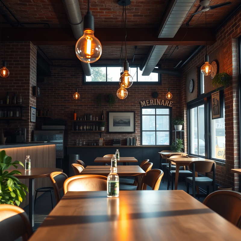 Cozy Cafe Interior with Exposed Brick and Warm Edison Lig...