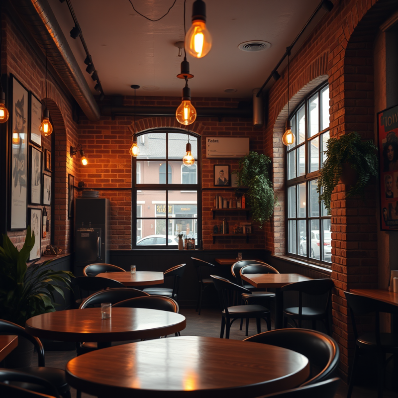 Cozy Cafe Interior with Exposed Brick and Warm Edison Lig...