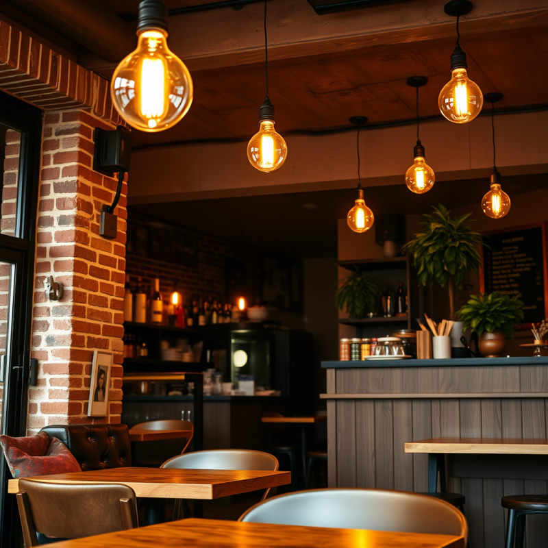 Cozy Cafe Interior with Exposed Brick and Warm Edison Lig...